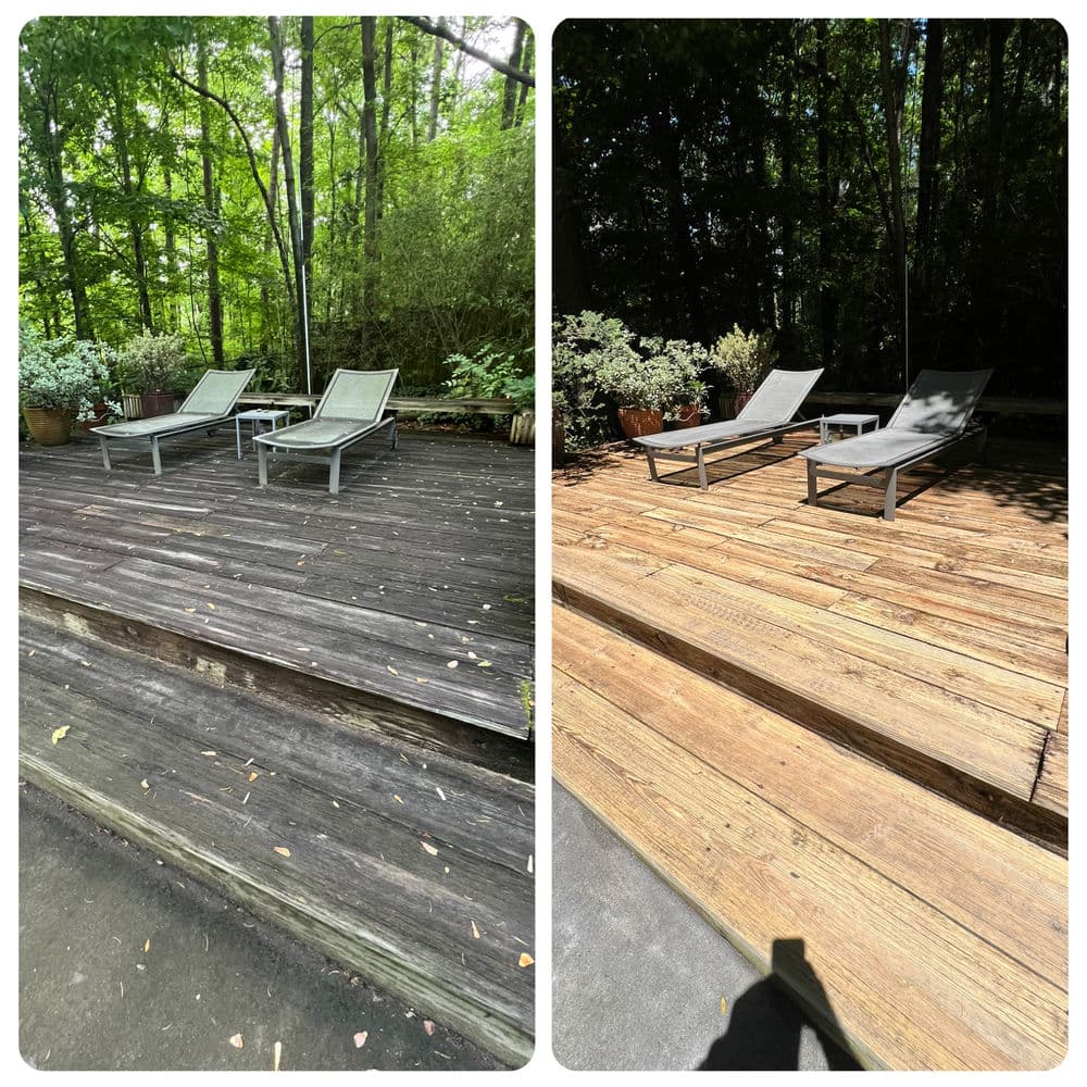 Before and after comparison of cleaned wooden deck with lounge chairs surrounded by greenery.