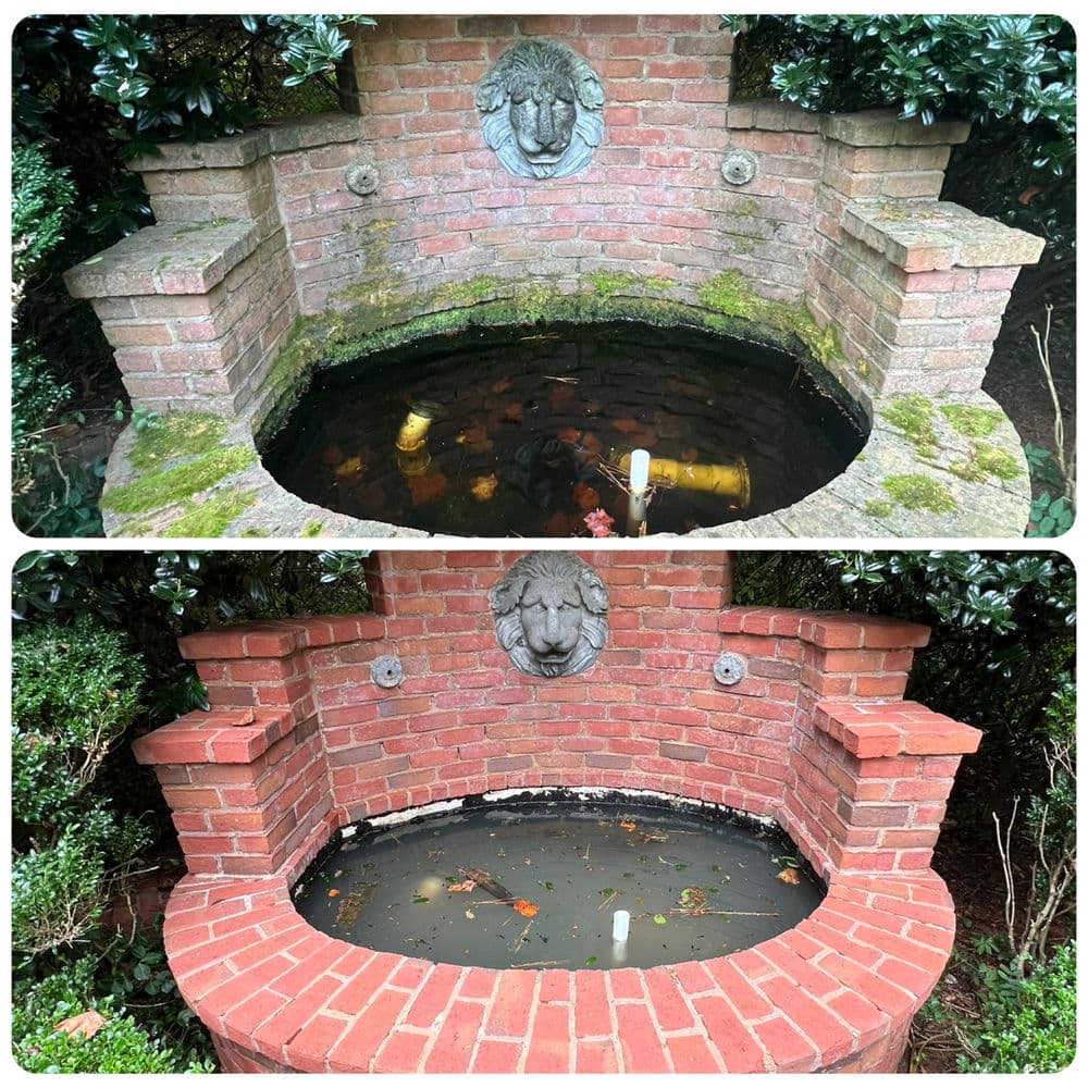 Before and after images of a brick garden fountain showing algae and debris removal.