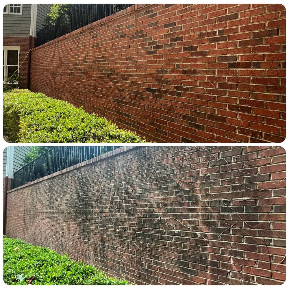 Before and after brick wall cleaning, showing significant dirt removal and improved appearance.