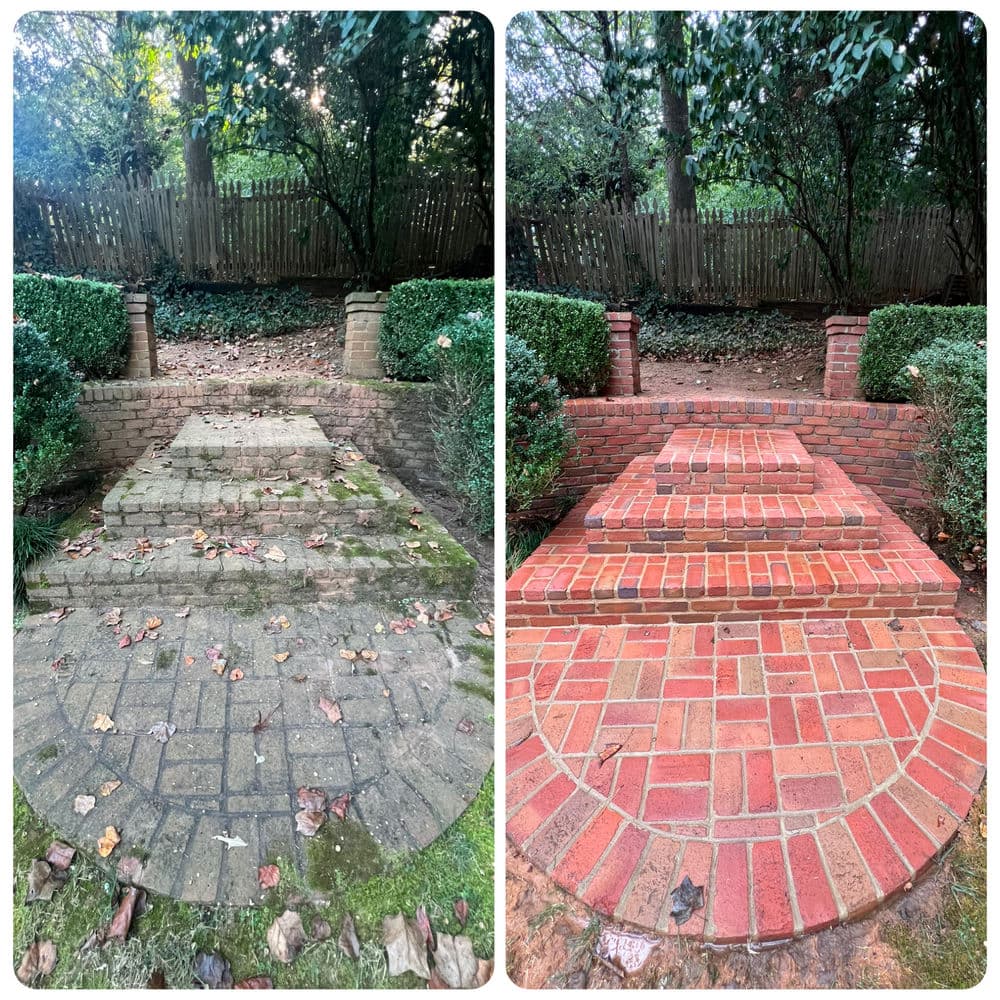 Before and after transformation of a brick walkway and steps, showcasing improved aesthetics.