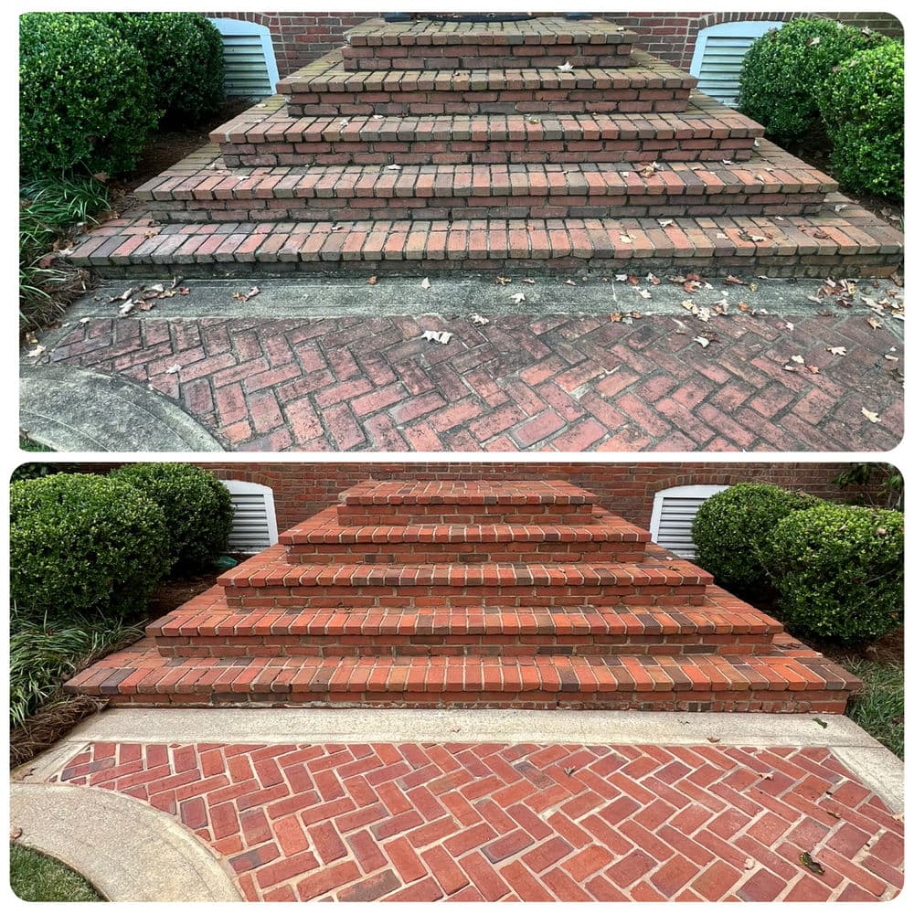 Before and after of renovated brick steps with herringbone pattern, showcasing improved design.
