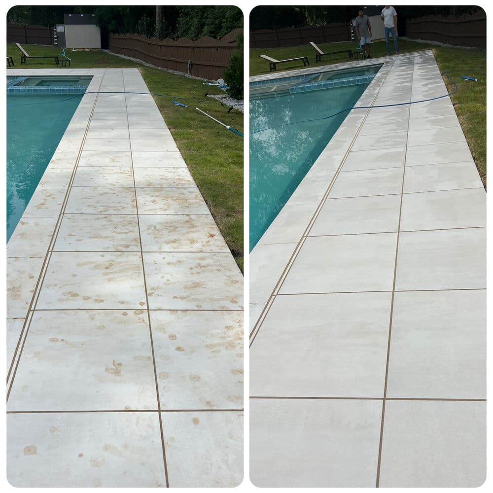Before and after comparison of cleaned poolside tiles, highlighting significant dirt removal.