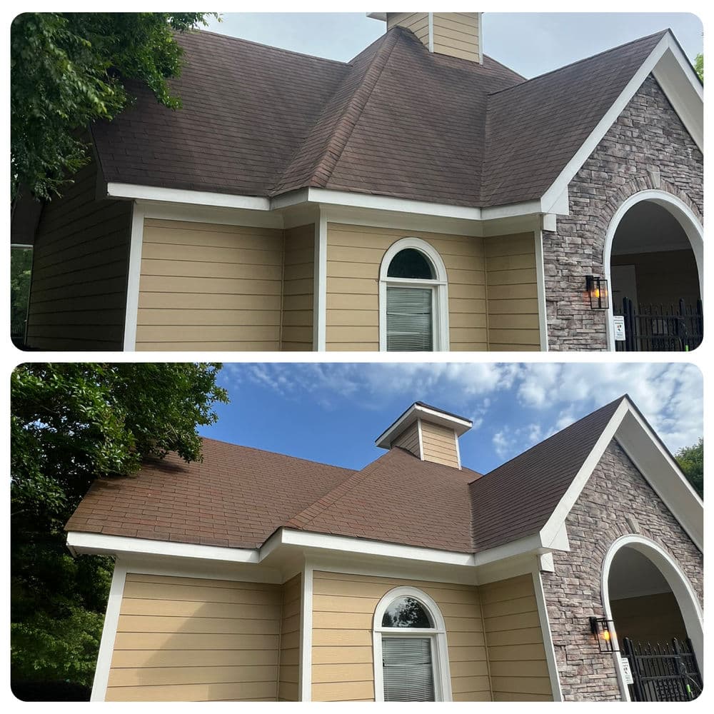 Roof restoration before and after image showcasing improved shingles and exterior design.