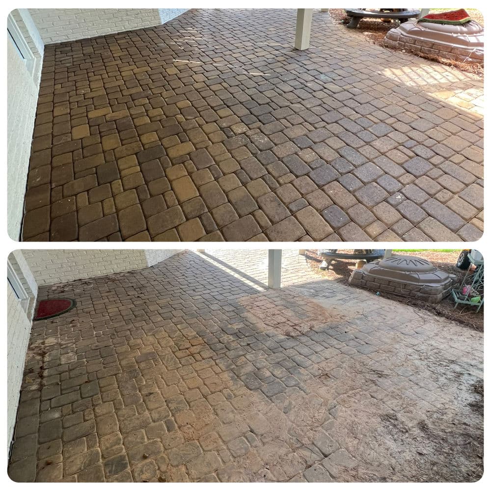 Before and after paver patio cleaning, showcasing restored surface and enhanced appearance.