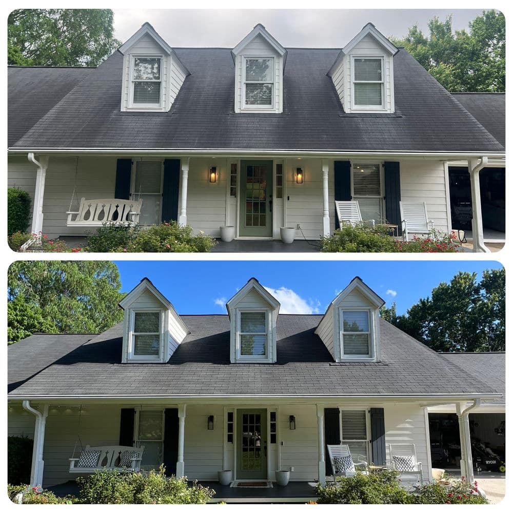 Before and after comparison of a house exterior, showcasing roof and facade improvements.
