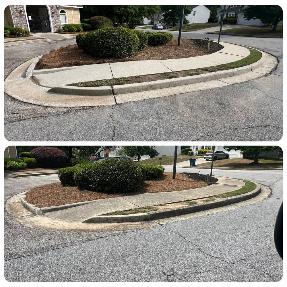 Before and after curb landscaping transformation highlighting improved aesthetics and maintenance.