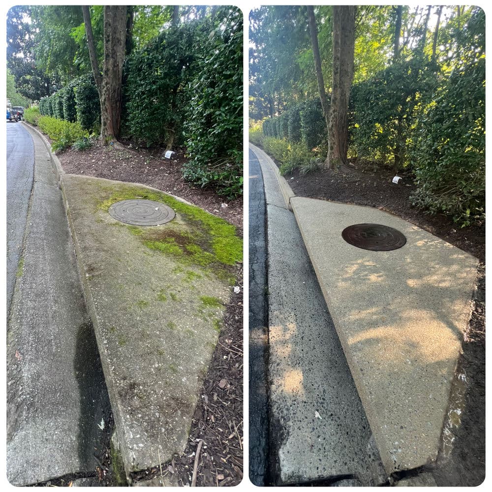 Before and after cleaning of a concrete curb and manhole cover in a landscaped area.