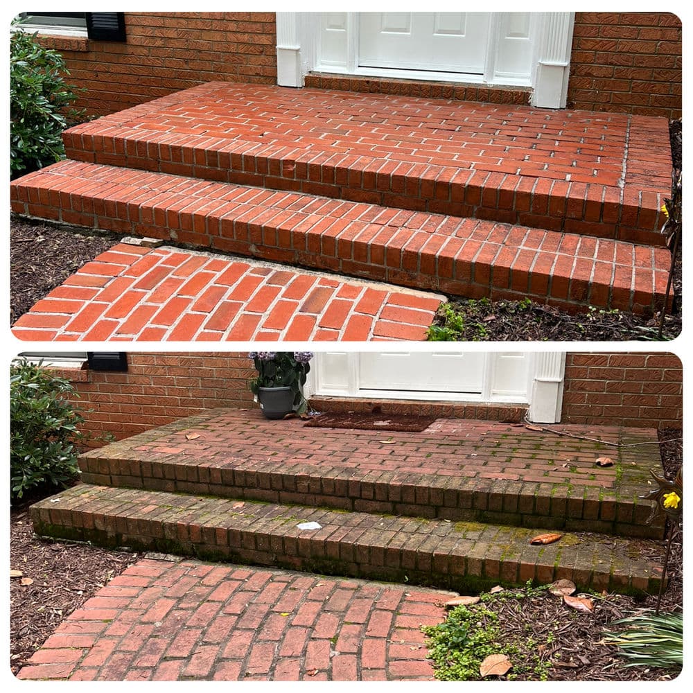 Before and after image of a cleaned brick walkway and steps, showing improved appearance and detail.