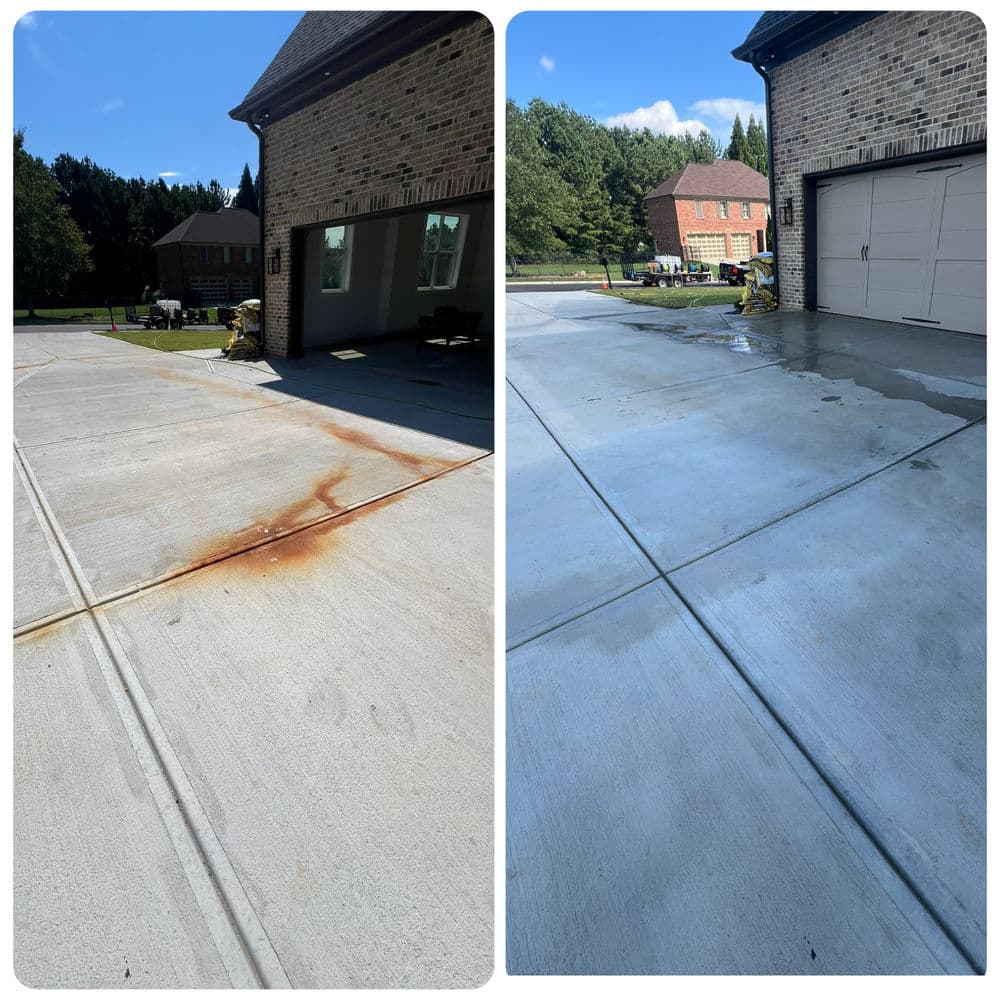 Before and after concrete cleaning: removed rust stains from driveway, showcasing restored surface.