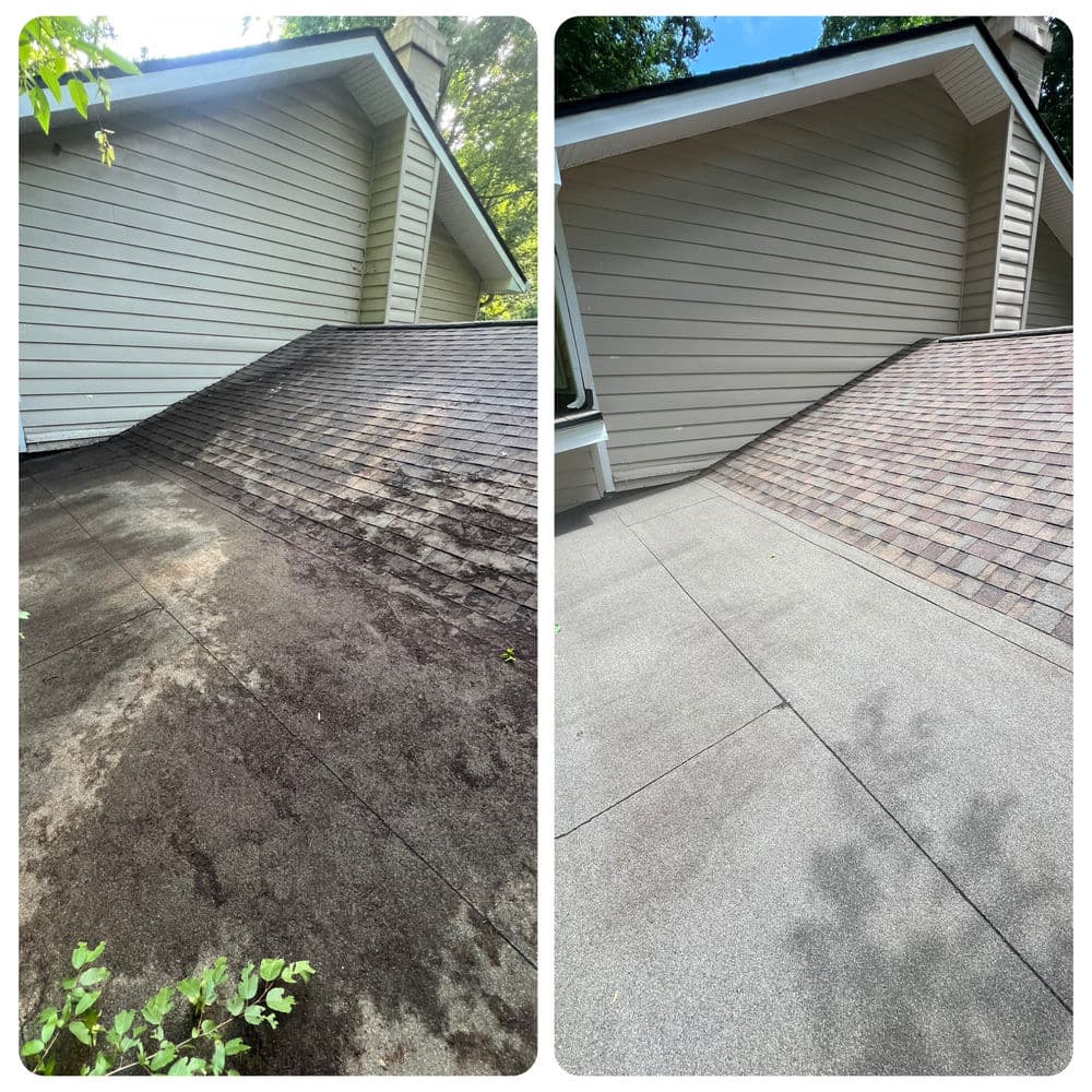 Before and after roof cleaning showing significant dirt removal and improved appearance.