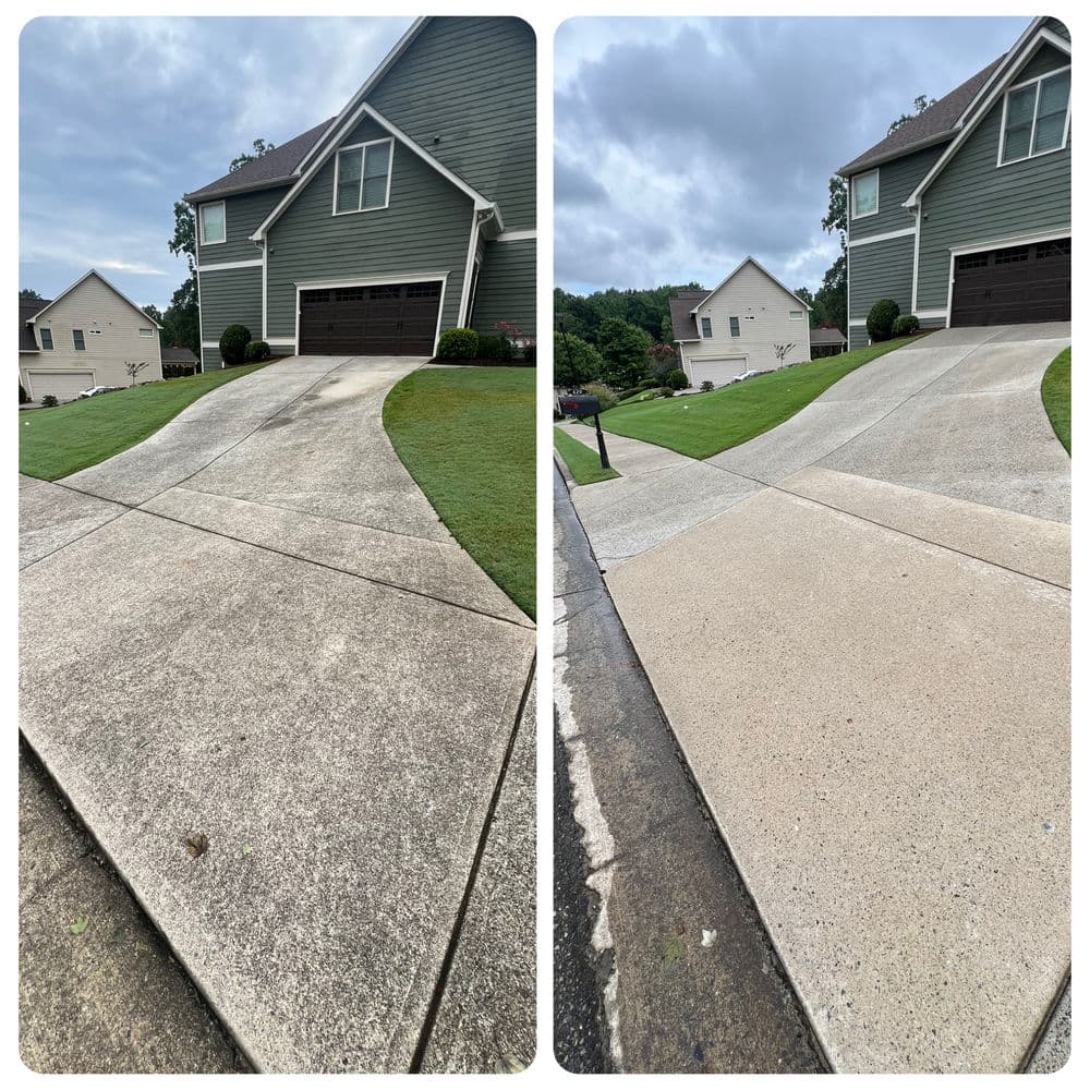 Before and after driveway cleaning showcasing enhanced concrete appearance and improved curb appeal.