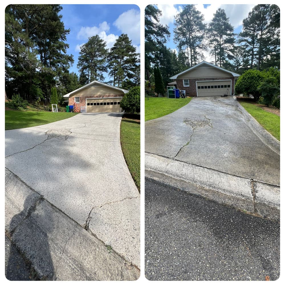 Before and after concrete driveway cleaning showing significant improvement in appearance.