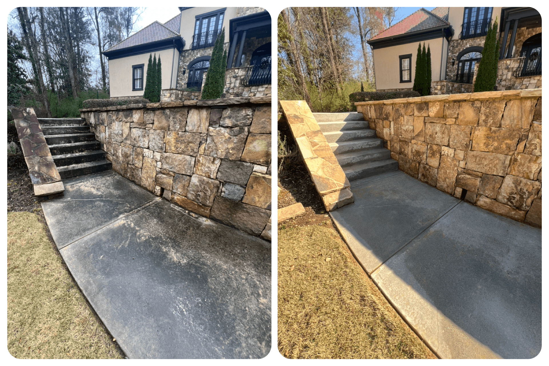 Stone wall and stairs cleaning before and after