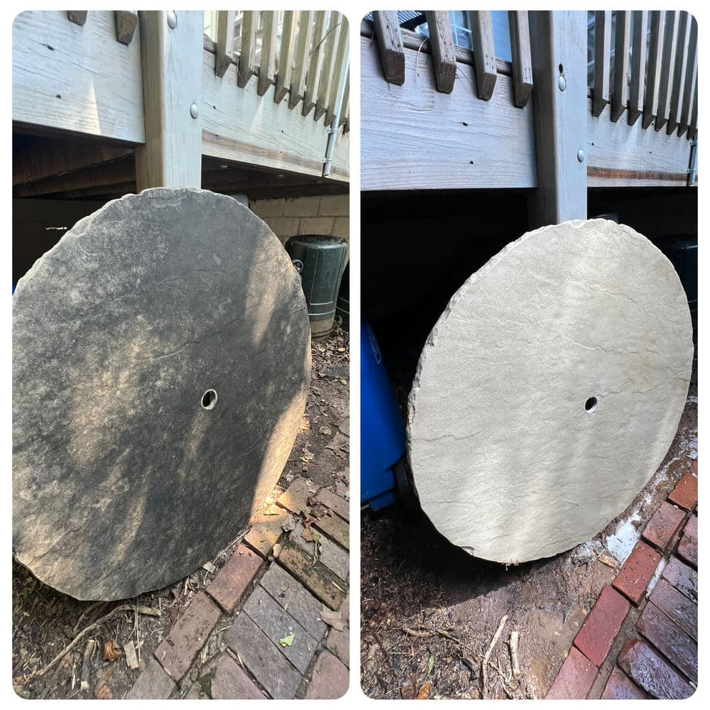 Before and after of a stone grinding wheel, showcasing restored surface and original condition.