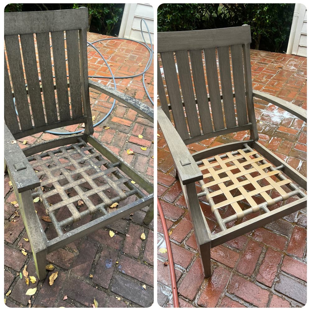 Before and after restoration of a wooden patio chair showing new woven seat.