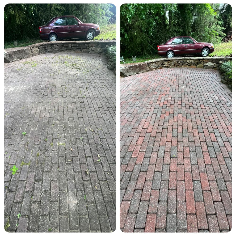 Before-and-after transformation of a driveway, showing cleaning results with visible brick paving.