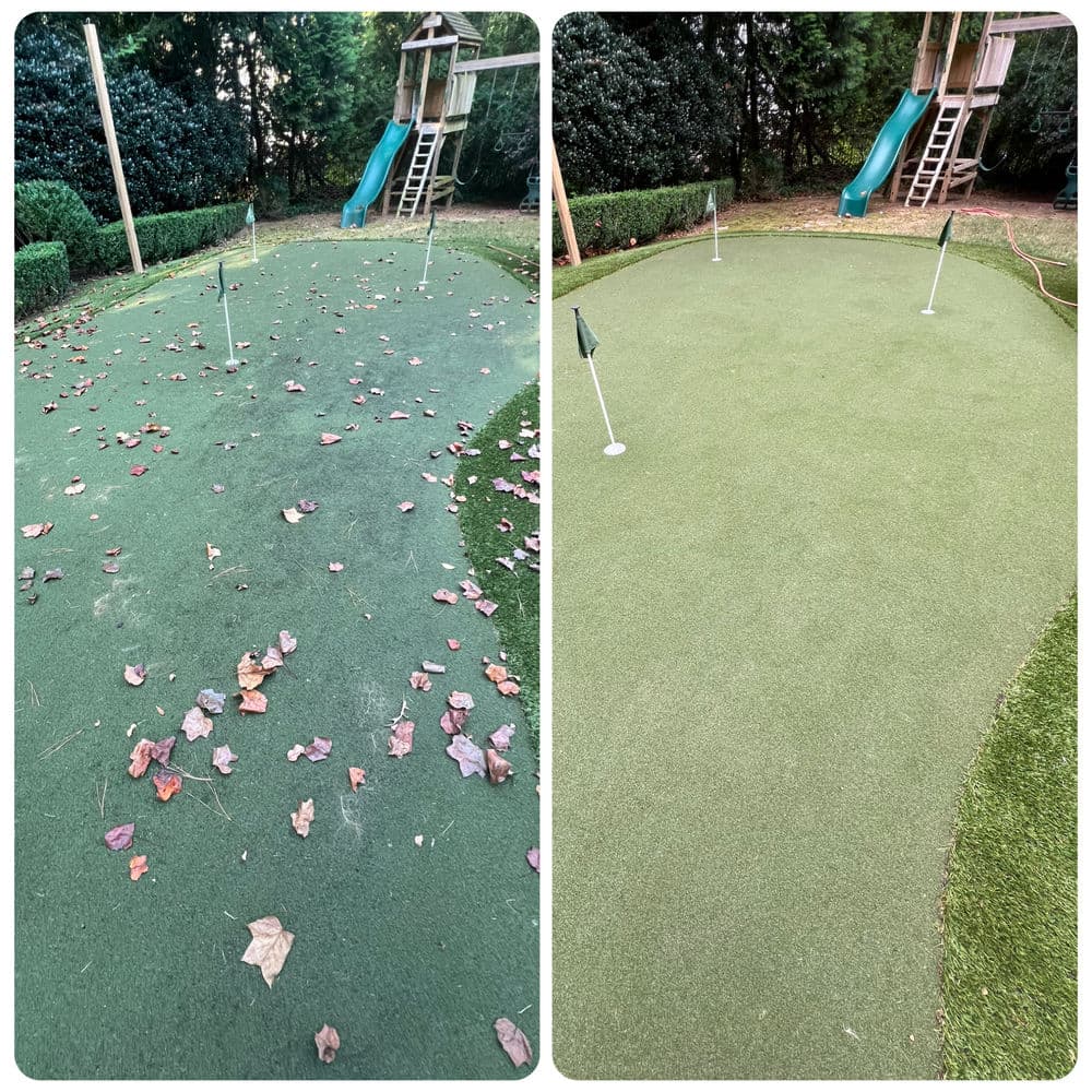 Before and after comparison of a backyard putting green, showing leaves on the left and cleaned surface on the right.