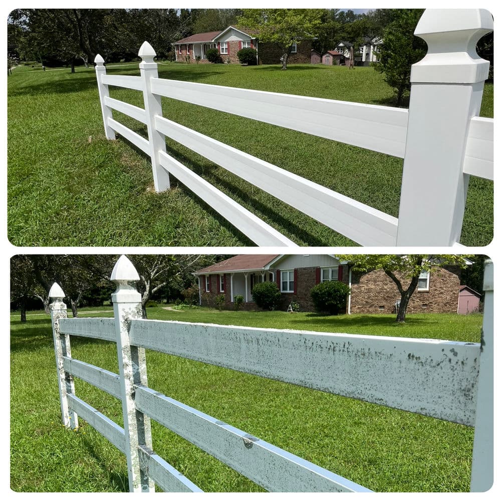 Before and after comparison of a white vinyl fence highlighting maintenance and cleanliness.