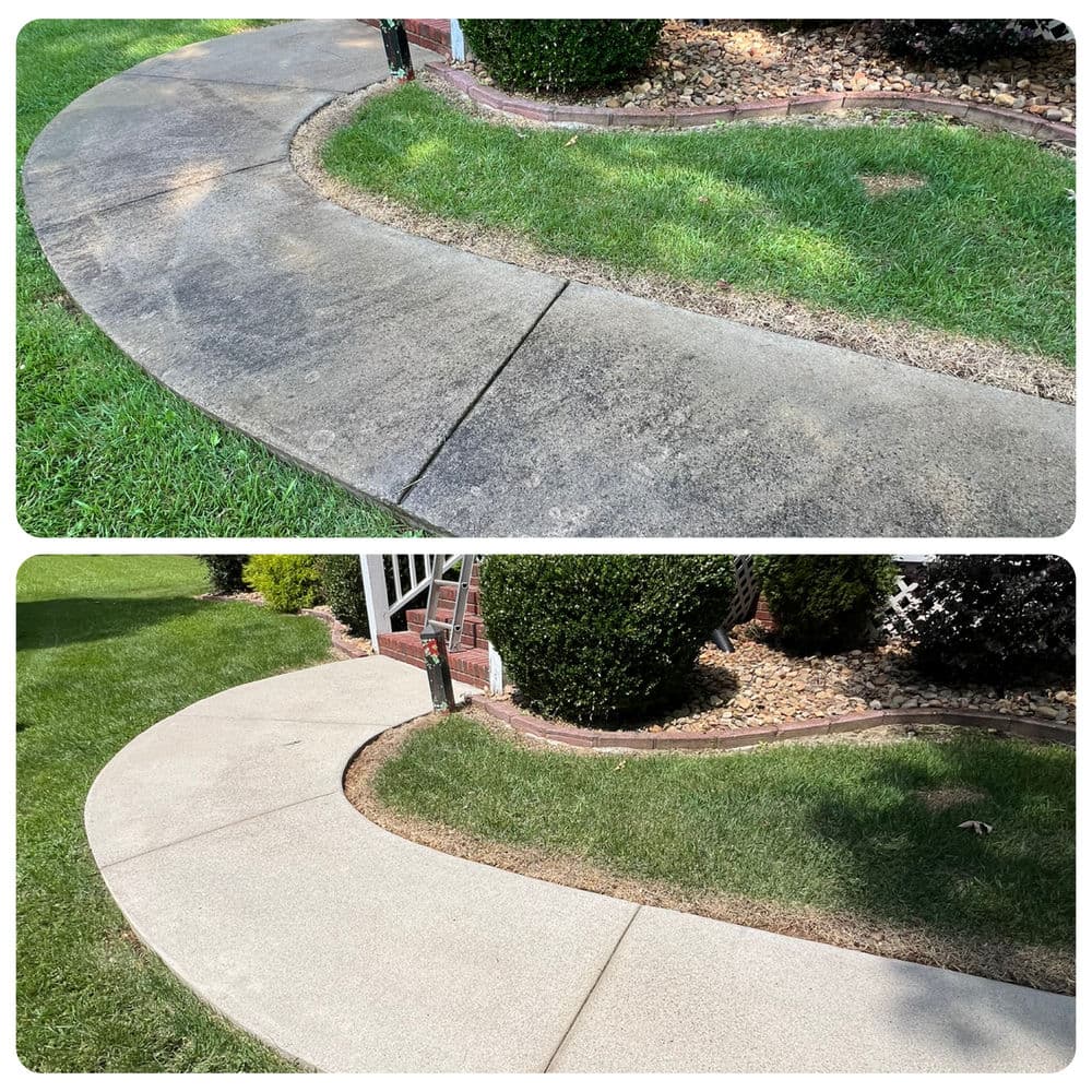 Before and after concrete sidewalk cleaning, showcasing improved appearance and landscaping.